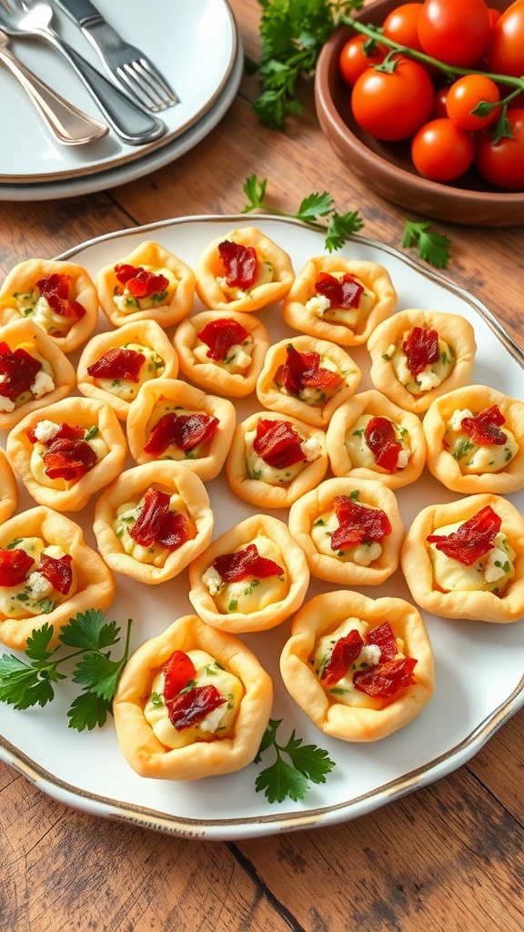 An elegant platter of assorted two-bite appetizers, featuring golden pastry filled with cheese and bacon, garnished with herbs and tomatoes.
